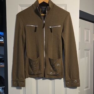 Clorinda Olive Green Zip-Front Eyelet Jacket